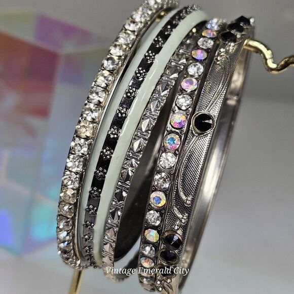 Celestial Collection Bangles Set Of 5 Mixed Enamel Rhinestone Sparkle Bracelets - Picture 4 of 14